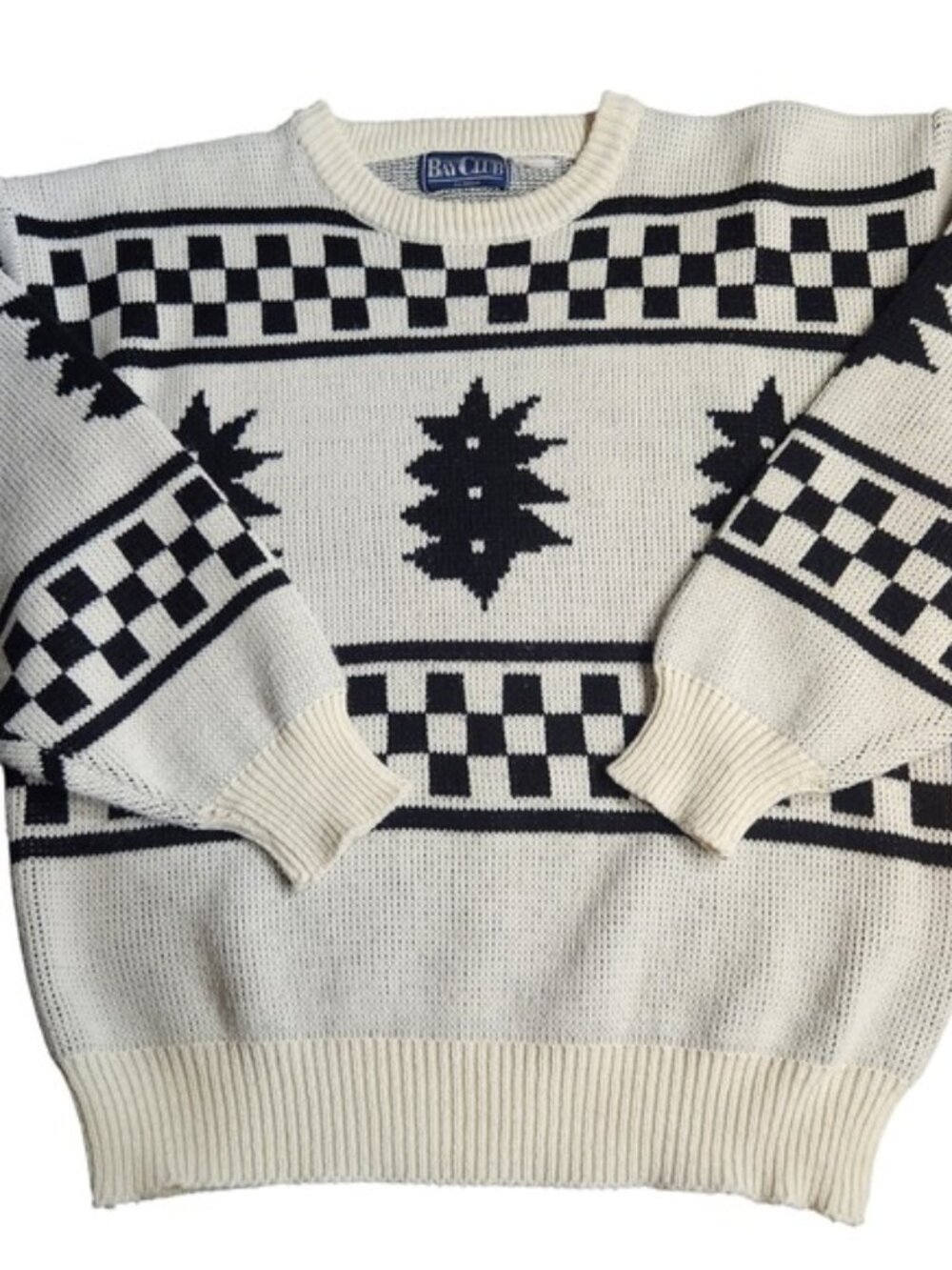 Vintage Bay Club Sweater Mens Large White Black Geometric Checkerboard Knit 90s